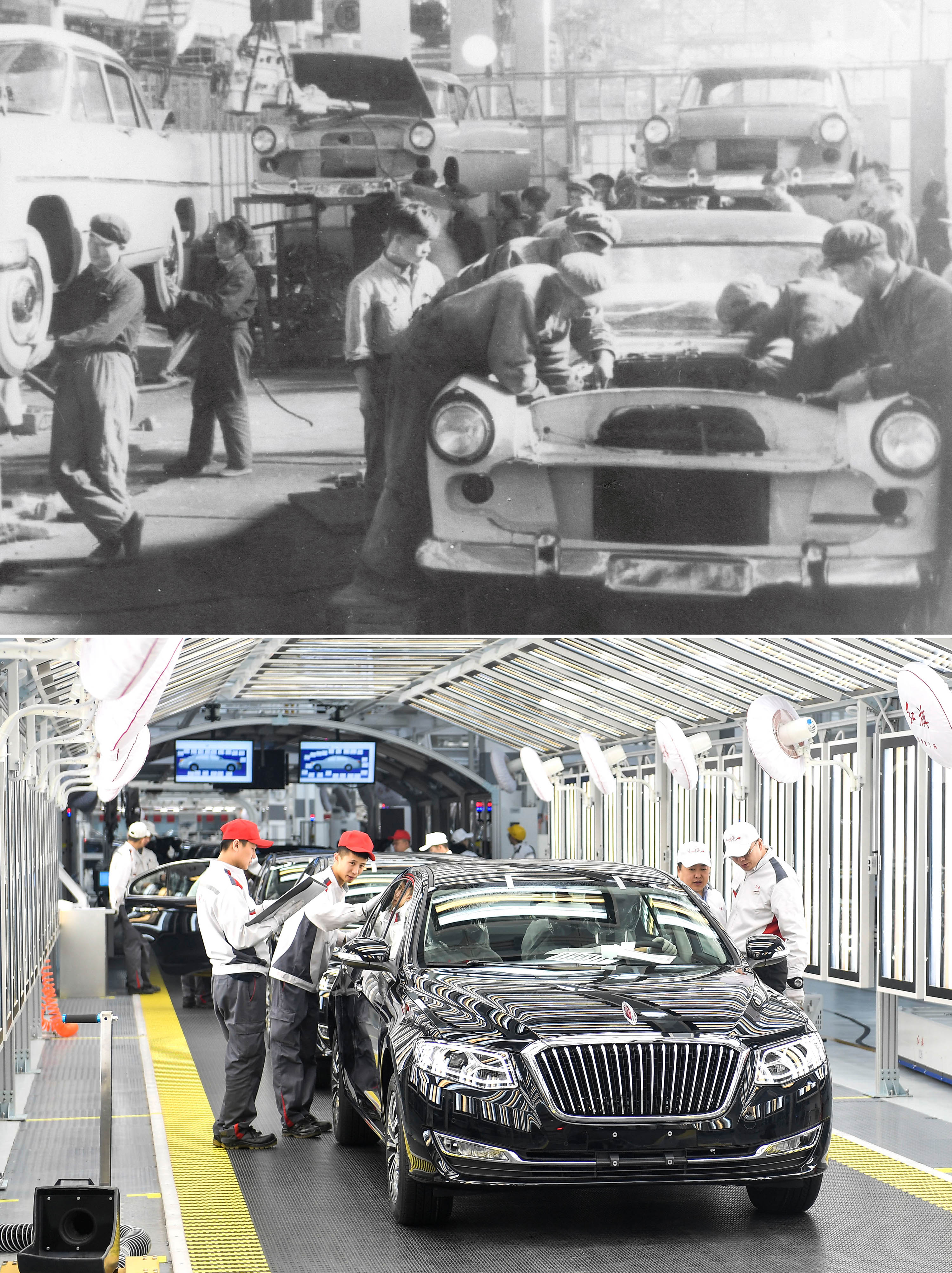 拼版照片：上圖為1958年拍攝的第一汽車制造廠（資料照片）。這里生產(chǎn)了第一批紅旗轎車；下圖為2019年4月9日，在一汽紅旗總裝車間內(nèi)，職工在對(duì)生產(chǎn)的紅旗轎車進(jìn)行靜檢作業(yè)。